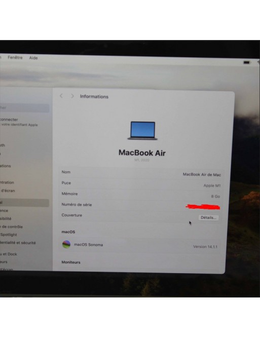 MacBook Air 2020 A2337 Apple M1 8 Coeurs - 256 SSD M.2 - 8 GO RAM - SonomaOS